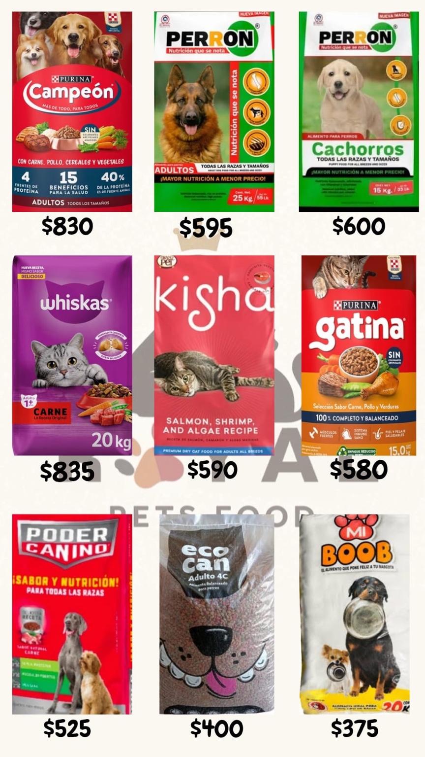 Catálogo de alimento para mascotas y productos variados