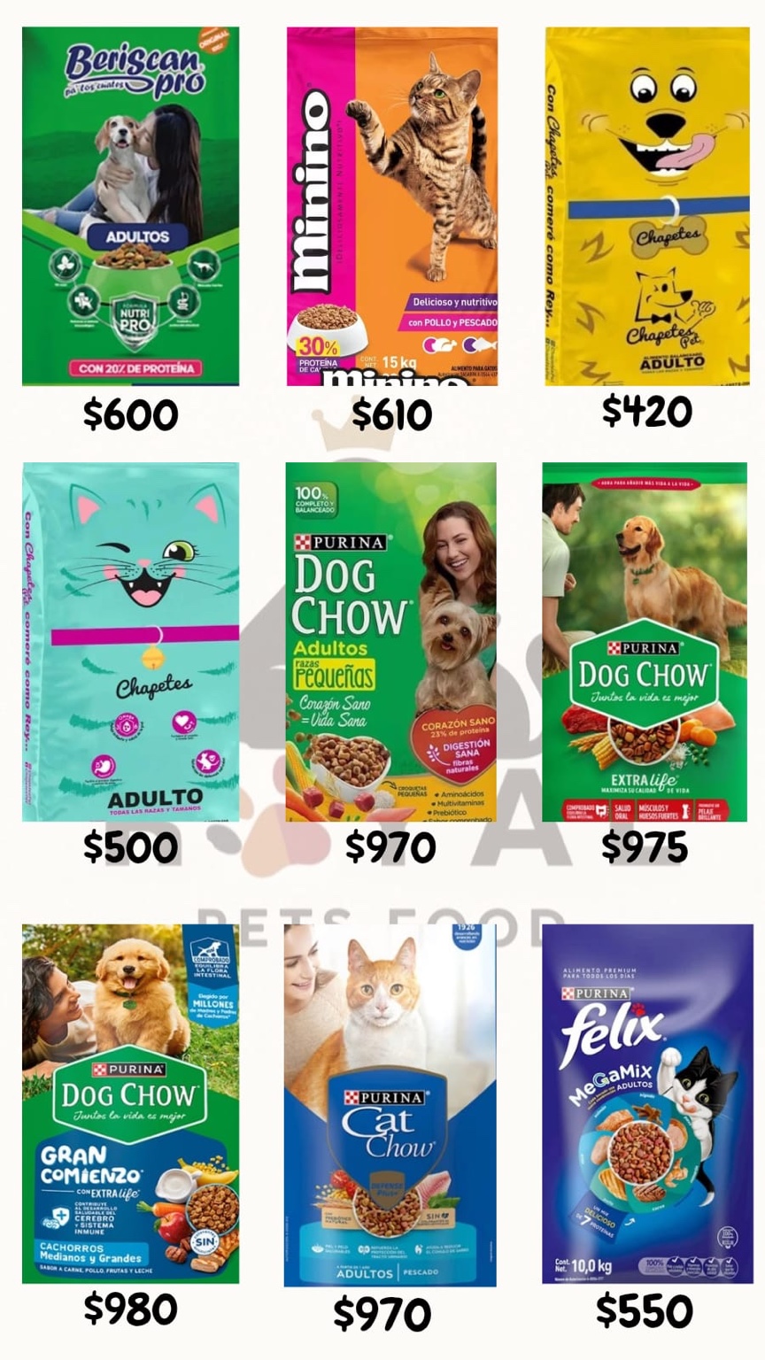 Catálogo de alimento para perros y gatos con marcas variadas